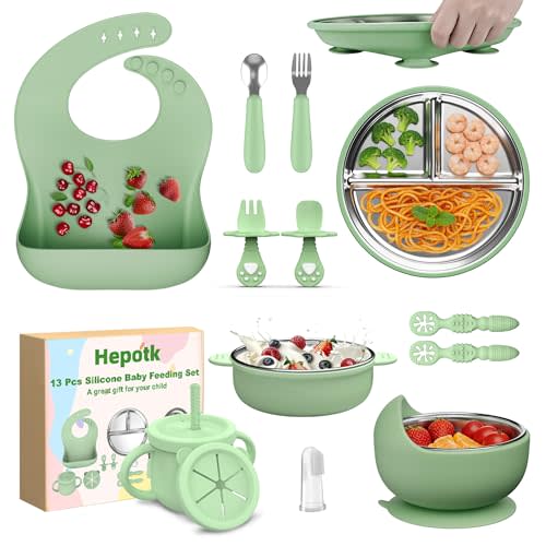 13 Pack Silicone Baby Feeding Set, BPA-Free Stainless Steel Toddler Feeding Supplies, Include Suction Plates, Baby Bowls, Silicone Fork & Spoon, and More, First Stage Baby Dish Set - 6+ Months