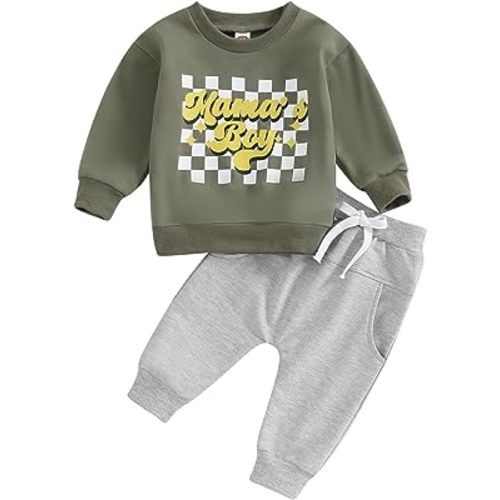 Toddler Baby Boy Clothes Mamas Boy Fall Winter Outfit Long Sleeve Letter Sweatshirt Plaid Jogger Pants Newborn Set