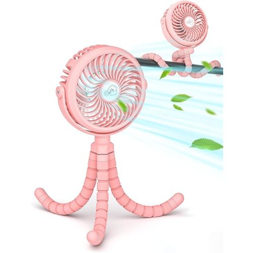 Creiv Stroller Fan, Baby Stroller Fans Clip On Car Seat, Battery Operated Portable Fan with 3 Level Wind Speeds and LED Lighting Available for Stroller, Car Seat and more (PINK)