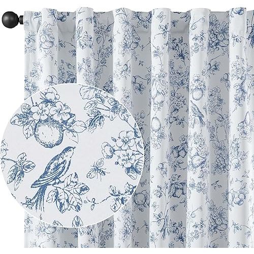 Vangao Blue Blackout Curtains for Bedroom 63 Inch Length, Country Flower Floral Curtains for Living Room Toile Cottagecore Thermal Insulated Window Drapes, 2 Panels Blue and White