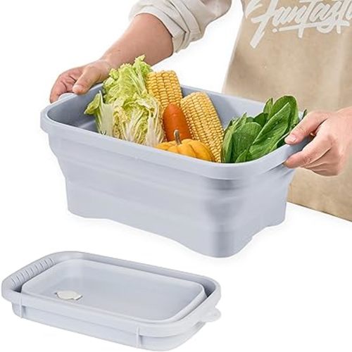 Collapsible Dish Pans, 2Gal (7.5L) Capacity, Plastic Dish Tub Dishpan for Kitchen Sink with Drainage Hole, Foldable Small Wash Basin for Kitchen, Camping, Travel (Light Blue)