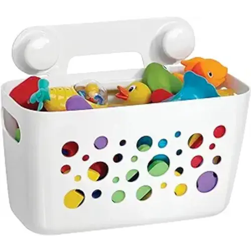 mDesign Hanging Plastic Bath Toy Holder and Organizer - Suction Cup Bathtub or Shower Caddy - Storage Bin Basket for Bathroom Organization - Bath Toy Strainer Bucket for Quick Drying - White - 1