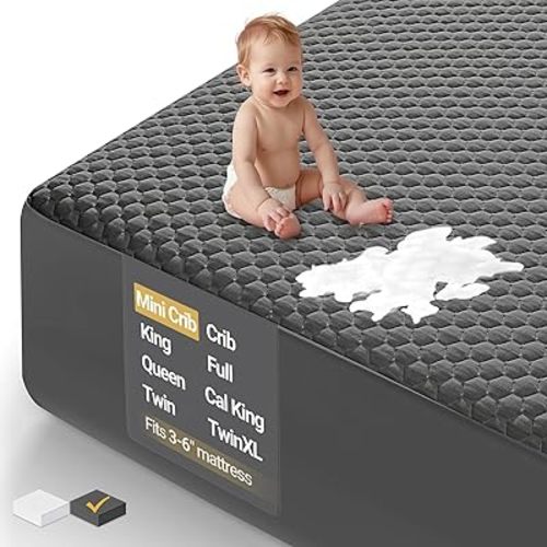 Ohgeni Waterproof Mattress Protector, Mini Crib-Gray, Fitted Sheet with Stretchable Pockets, Deep Sleep Noiseless Soft. Breathable Cooling Hypoallergenic Material, Mattresses Cover for Bed