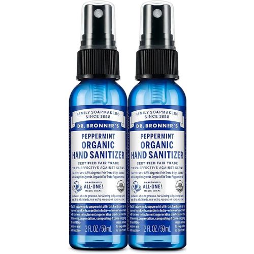 Dr. Bronner's - Organic Hand Sanitizer Spray (Peppermint, 2 Ounce, 2-Pack) - Simple & Effective Formula, Cleanses & Sanitizes, No Harsh Chemicals, Moisturizes & Cleans Hands