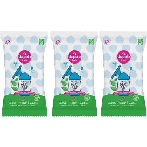Breast Pump Wipes by Dapple Baby, 25 Count (Pack of 3), Fragrance Free, Plant Based & Hypoallergenic Breast Pump Wipes - Removes Milk Residue, Leaves No Taste - Convenient Wipes Pouch