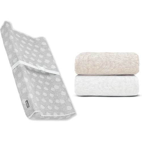 Contoured Changing Pad w/Cover (Gray, Cloud) + Replacement Covers - 2 pk (Off White & Oatmilk, Wave)