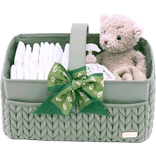 Luxurious Baby Diaper Caddy, Nursery Storage Basket for Newborn Boy and Girl, Travel Baby Basket for Diapers Baby Wipes, Organizer Tote Bag Storage Bin, Baby Shower Gifts (mint green)
