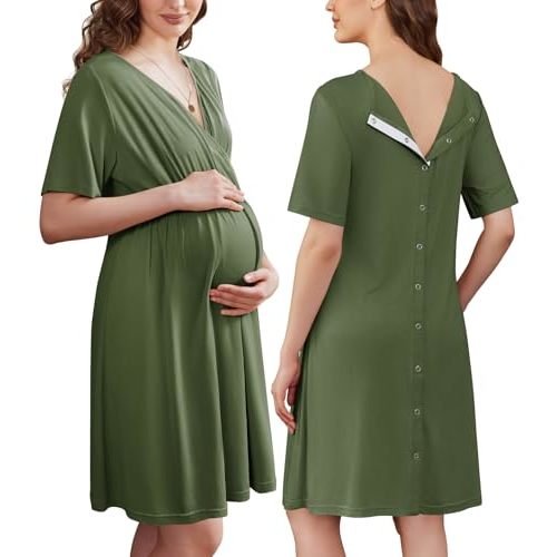 Ekouaer Labor and Delivery Gown for Hospital Short Sleeve Maternity Nursing Dress Nightgown with Button S-XXL