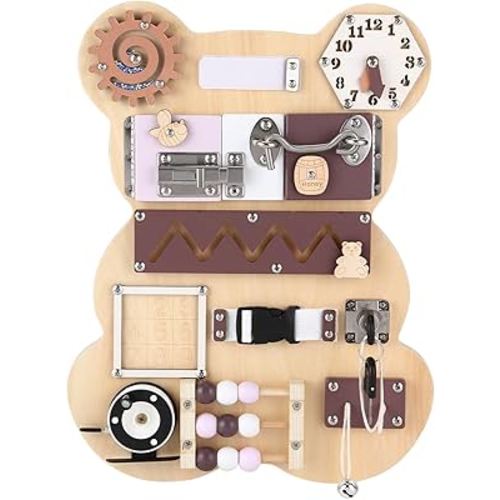 Learning Nest Busy Board Bear for Toddlers 1-3, Montessori Sensory Board - Busy Boards, Montessori Toys for Kid’s Development with 11 Activities: Numbers, Keys, Locks, Latches, Zipper, and Velcro