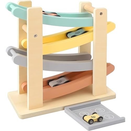 Wooden Car Ramp Toy for 1-2 Year Old Boy Girl Gifts - 4 Level Toddler Car Ramp Race Track Set with 4 Mini Cars & Garage - Montessori Baby Toys for 1 Year Old Christmas Birthday Gifts