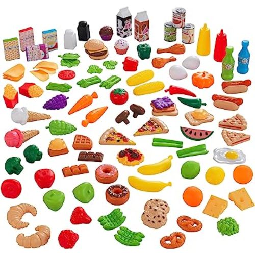 KidKraft 115-Piece Deluxe Tasty Treats Pretend Play Food Set, Plastic Grocery and Pantry Items, Gift for Ages 3+