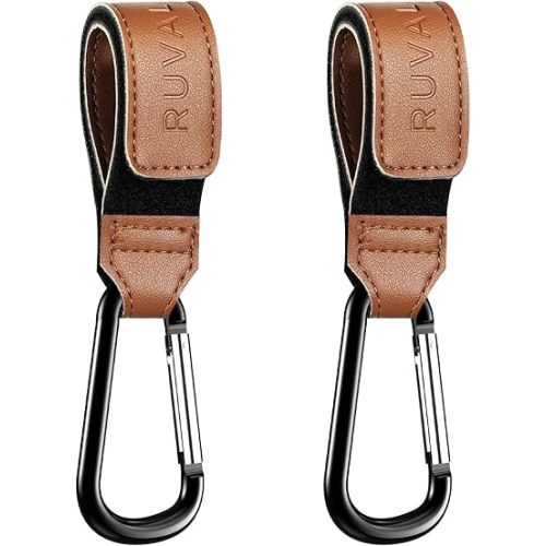 Leather Stroller Hooks for Diaper Bag and Stroller Organizer - RUVALINO® Stroller Strap with Large Carabiner Clip for Shopping Bags - Accessories for Wheelchair, Shopping and Pet Carts, Brown, 2 Pack