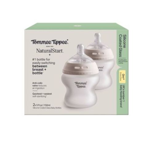 Tommee Tippee 5oz Natural Start Silicone Coated Glass Baby Bottles Extra-Slow Flow Nipple 0m+ - Clear - 2pk