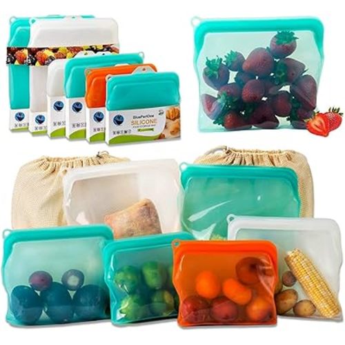 100% Silicone Bags Reusable Storage - Freezer Bags - 6 Reusable Silicone Bags For Food Storage with Two of each (1/2 Gal, Large and Medium) and Complementary Cotton Mesh Bags