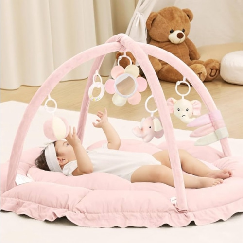 ANGELBLISS 5 in 1 Baby Play Gym Mat, Reversible Tummy Time Mat with 5 Sensory Toys for Stage-Based Developmental, Thick & Large Baby Activity Center from Newborn to Toddler (Pink)