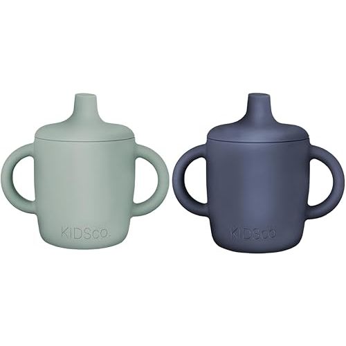 KIDSco. Silicone Sippy Cups with Soft Spout. A Non-Toxic Unbreakable Training Cup. 5oz/150ml |2-PACK Green and Midnight Blue|