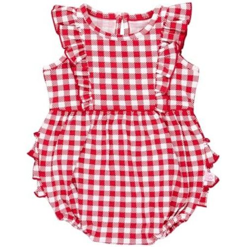 RuffleButts® Baby/Toddler Girls Light Wash Denim Bow-Front Bubble Romper