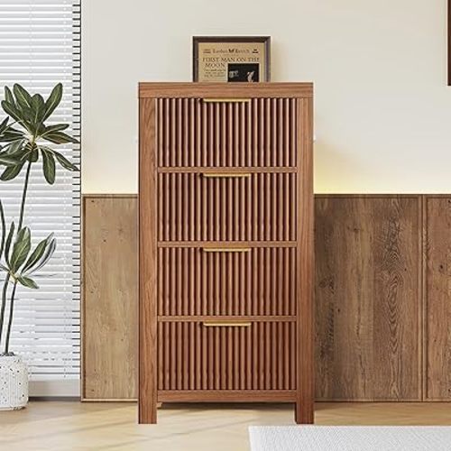Modern 4-Drawer Solid Wood Dresser with Fluted Front & Gold Handles, Multifunctional Tall Storage Chest, for Hallway, Entryway, Walnut
