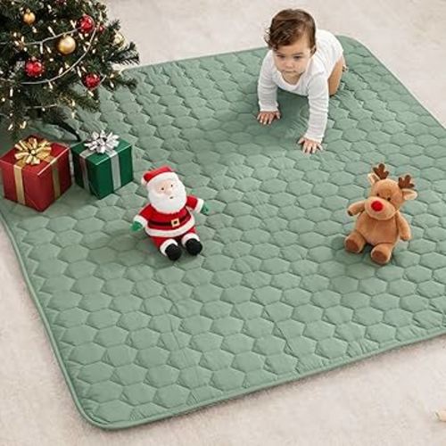 Comfy Cubs Square Kids Play Mat - 56 x 56 inches Soft Quilted Baby Floor Mat with Non-Slip Bottom - Plush Design for Toddlers' Playtime - Comfortable and Durable - Fern