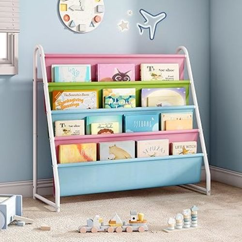 Tatub 4 Tier Kids Bookshelf for Kids Rooms, Metal Children Book Rack Montessori Bookshelf, Toddler Sling Bookrack Display for Nursery, Multicolor
