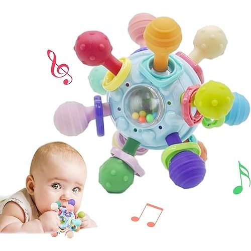 Baby Teething Toys, Baby Teether Montessori Sensory Toys for 0-6 6-12 Months, 1 Year Old Boys Girls Toys Gifts for Infant Newborn 0 3 6 9 12 18 Months, Toddler Learning Toys Baby Rattle Chew-Blue