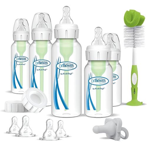 Dr. Brown's Anti-Colic Options+ Newborn Essentials Gift Set with 4oz and 8oz Baby Bottles, Baby Bottle Brush and HappyPaci