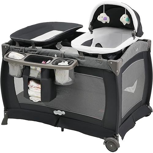 Pamo Babe Playard Portable Playard Foldable Playpen for Baby and Toddler Portable Crib Mattress Diaper Changer for Newborn (Grey)