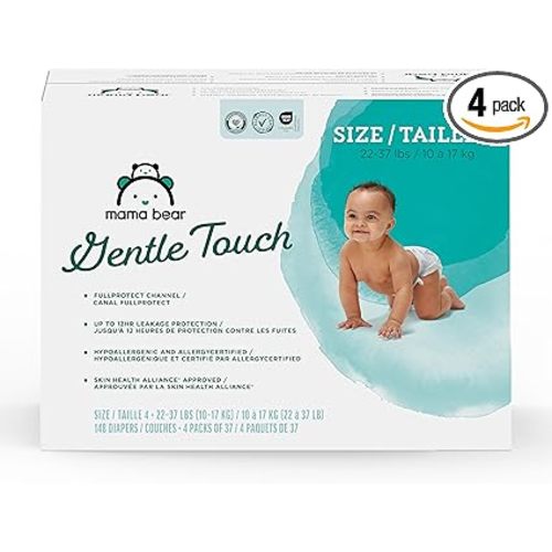 Amazon Brand - Mama Bear Gentle Touch Baby Diapers, Formulated without Fragrance, Size 4, 148 Count (4 packs of 37), with Skin Protection and Leak Protection