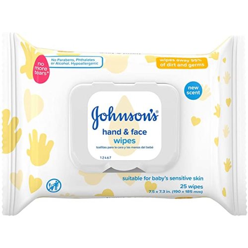 Johnson's Baby Disposable Hand & Face Cleansing Wipes to Gently Remove 99% of Germs & Dirt from Delicate Skin, Pre-Moistened & Allergy-Tested, Paraben-, Phthalate- & Alcohol-Free, 25 ct
