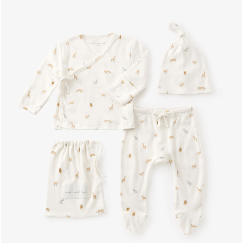 Neutral Safari Print Organic Cotton Pointelle Layette 3 Pc Gift Set – Elegant Baby
