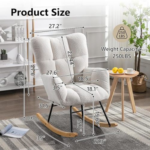 NIOIIKIT Reading Chair, Ivory | Nursery Rocking Chair, Teddy Upholstered Glider Rocker, Rocking Accent Chair | Padded Seat, High Backrest, Armchair, Comfy