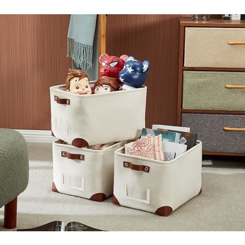DECOMOMO White Storage Bins Fabric Storage Baskets for Shelves & Linen Closet Organization (Creamy White W/Label holder, Large - 3 Pack)