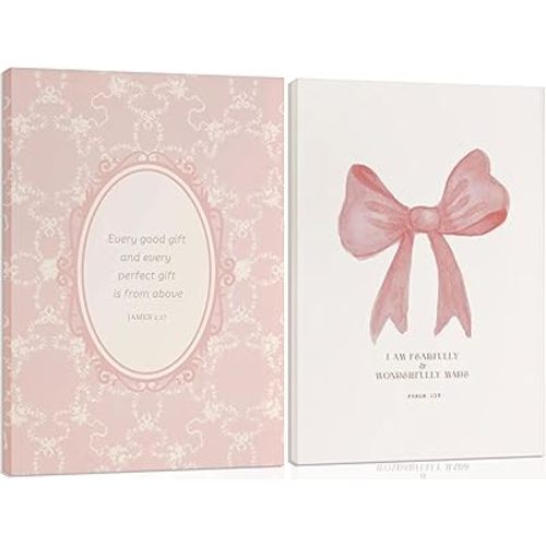 2pcs Pink Bow Wall Art Bible Verse Scripture Canvas Coquette Prints Aesthetic Trendy Posters Every Good And Perfect Comes From Above Pictures Bow Christian Wall Decor For Bedroom Living Room Framed