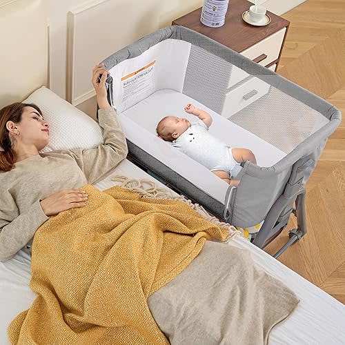 Real Relax Bassinet Bedside Sleeper, Bedside Bassinet Crib for Baby 6-Level Adjustable Height Rocking Bassinet with Breathable Mesh Sides, Mattress, Large Storage, Lockable Wheels, Grey