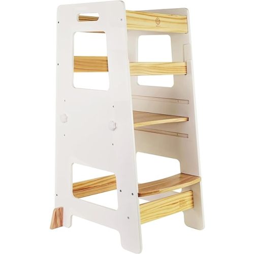 WOOD CITY Kitchen Step Stool - Safe Montessori Standing Tower for Kids with Safety Rail, Height Adjustable Toddler Ideal Helper for Learning New Skills, Anti-Slip Protection for Bathroom - White