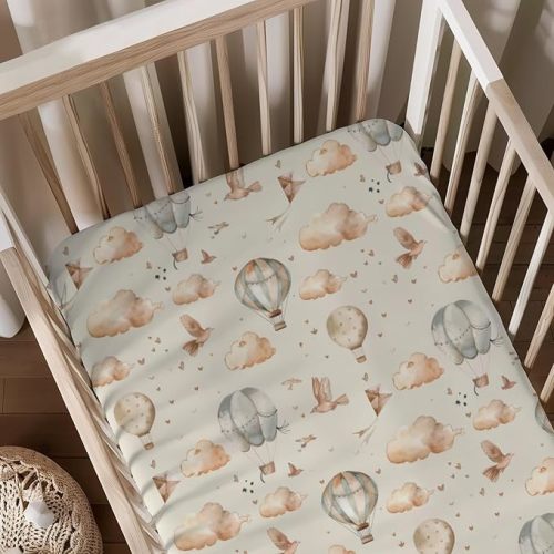 Hot Air Balloon Transportation Pattern Baby Crib Sheets, Unisex Balloons Birds Clouds Nursery Fitted Bed Sheet for Boys Girls Standard Crib and Toddler Mattress-28x52