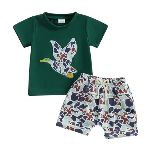 KtwHarnu Hunting Baby Boy Outfit Toddler Summer Outfit Mallard Duck Short Sleeve T-Shirt Plaid Shorts Set Duck Hunter Clothes