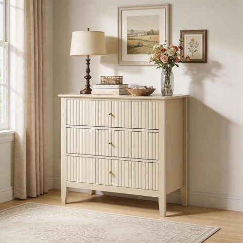 RoyalCraft Beige Fluted 3 Drawer Dresser, 32 inch Wide Dresser Nightstand for Bedroom, Modern Wood Chest of Drawers, Large Painted Nightstand with 3 Drawers for Closet, Hallway, Entryway