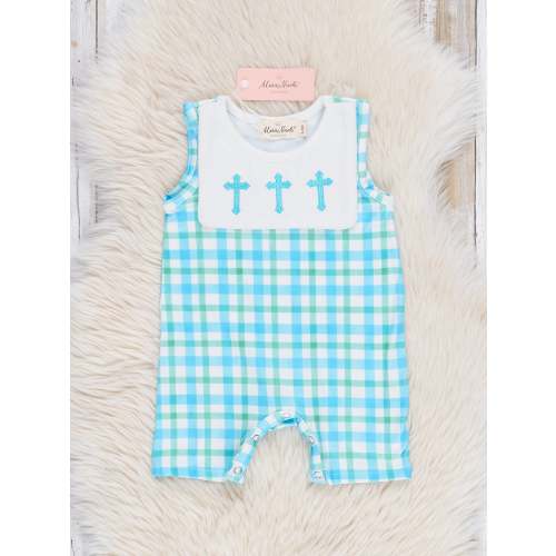 Blue Plaid Embroidered Crosses Romper
