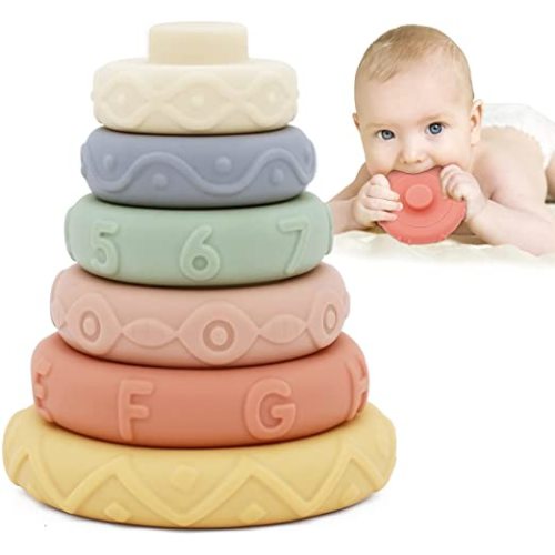 MARUMINE 6PCS Stacking Cricle Toys, Nesting & Building Rings Stacker, Soft Silicone Squeeze Teethers Play Set, Early Educational Learning Stacking Tower for 6+ Months Baby Boys Girls