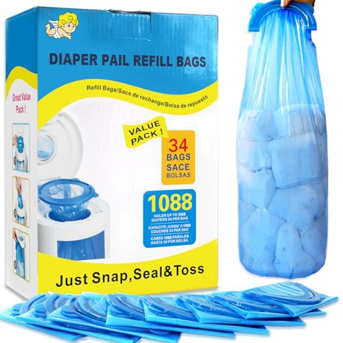 Diaper Pail Refill Bags,34 Bags Holds 1088 Counts Compatible with Arm&Hammer Diaper Pail Disposal System,Diapers Pails Snap,Seal and Toss Pail Refill Bags