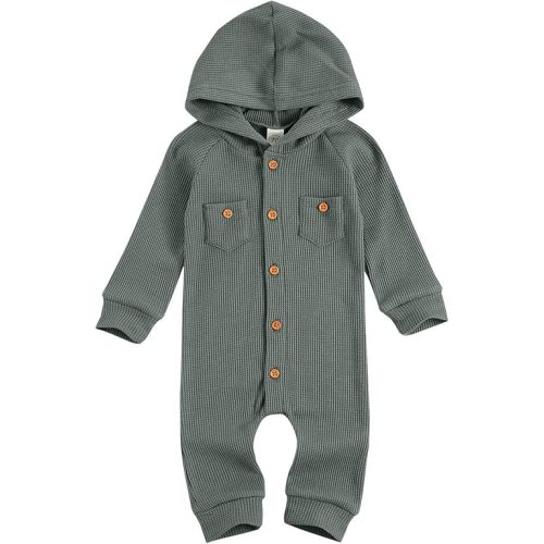 Ynibbim Winter Newborn Baby Boy Girl Solid Romper Unisex Infants Hooded Outfit Clothes Waffle Cotton Button Jumpsuits