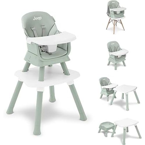 Jeep Milestone 6-in-1 High Chair by Delta Children High Chair Converts to Stool, Booster Seat, Toddler Chair, Activity Table and Desk and Chair, Sage Green