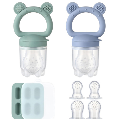 2 Pack Silicone Baby Fruit Feeder with Mini Freezer Tray, Baby Teethers, Breastmilk Popsicle Molds for Baby Teething Relief, Fresh Food Feeder for Safe Infant Self Feeding, Extra Food Pouches
