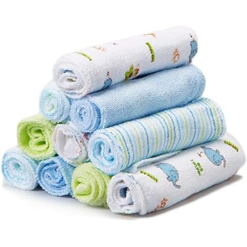Spasilk Washcloth Wipes Set for Newborn Boys and Girls, Soft Terry Washcloth Set, Pack of 10, Blue Elephants