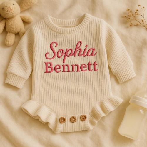 Handmade Ruffle Knit Romper, Embroidered Name Baby Sweater, Coming home outfit, Cozy Cotton Outfit, Perfect Baby Shower Gift