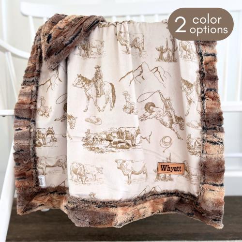 Personalized western baby boy blanket for cowboy baby name tag blanket western nursery little buckaroo ranch horse cow and bronc bedding