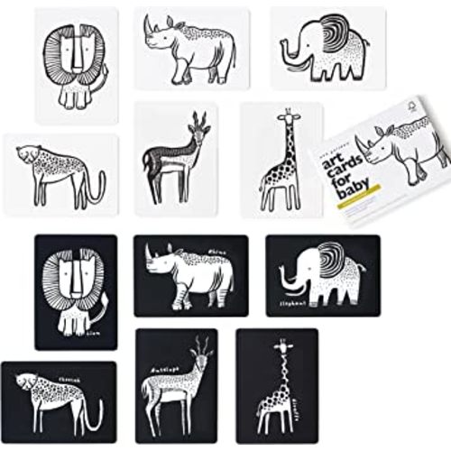 Wee Gallery Black and White Art Flash Cards for Babies, High Contrast Educational Animal Picture Cards, for Visual Stimulation, Brain and Memory Development in Infants and Toddlers Safari Animals