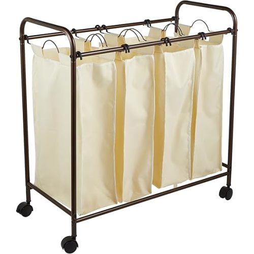 Household Essentials 7173 Rolling Quad Laundry Sorter with Removable Hamper Bags | Antique Bronze Frame