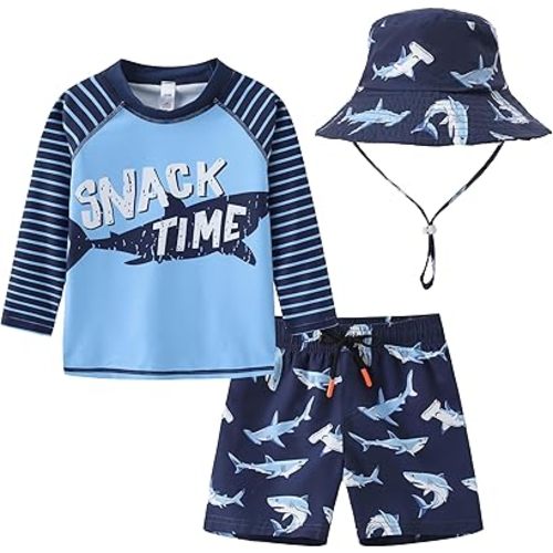 Toddlers and Baby Boys' 3-Piece Swimsuit Trunk Rashguard Set and Sun Hat Swimwear Bathing Suit Sunsuit Swim Shirt UPF 50+